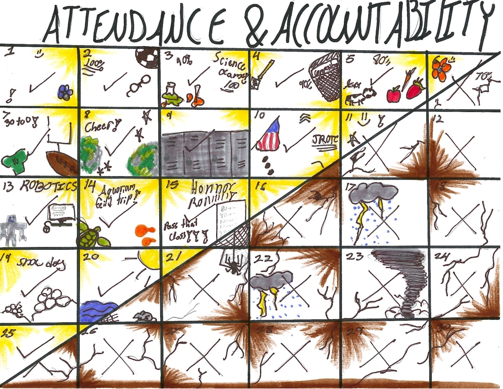 Hand-drawn calendar filled with school-themed sketches like books, apples, robotics, and sports balls. Some days show sunshine and checkmarks, others show storm clouds, lightning, and tornadoes, symbolizing the ups and downs of attendance. The title reads “Attendance & Accountability.”