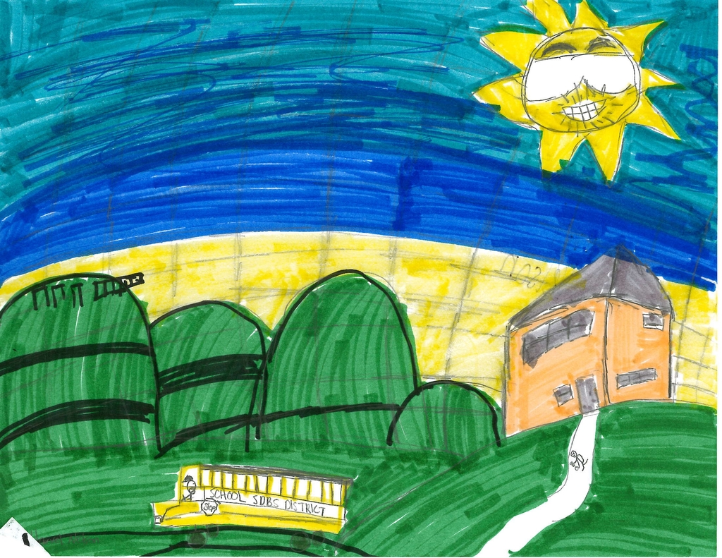 A cheerful outdoor drawing with a bright smiling sun wearing sunglasses, green rolling hills, a yellow school bus labeled “School SDDS District,” and an orange schoolhouse on a hill.
