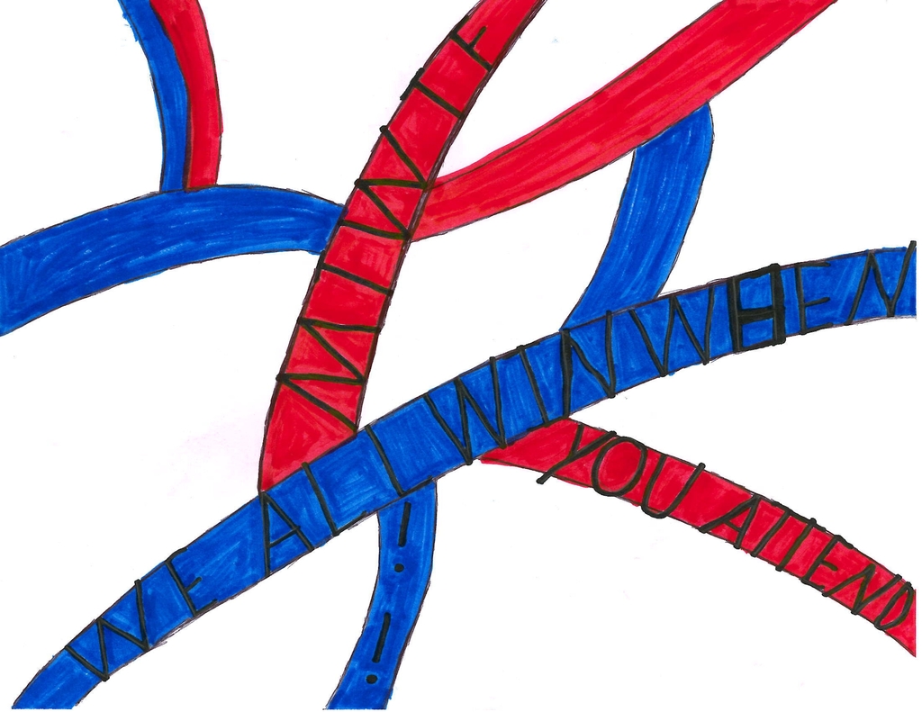 Blue and red ribbon-like lines stretch across the page. The words “We all win when you attend” are written along the ribbons in black lettering.