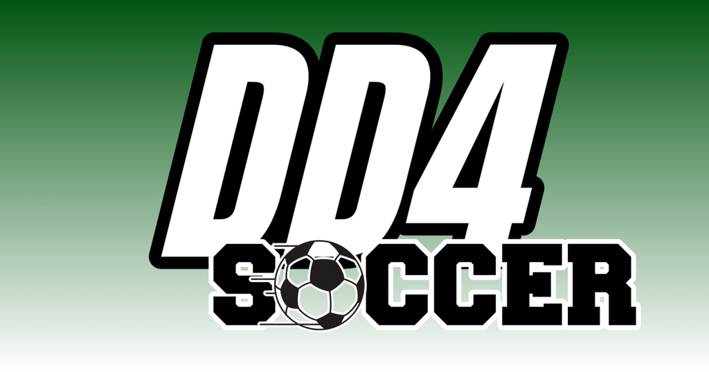 Green gradient background with bold white letters outlined in black reading "DD4" above the word "Soccer" in block black letters with a soccer ball forming the letter "O".