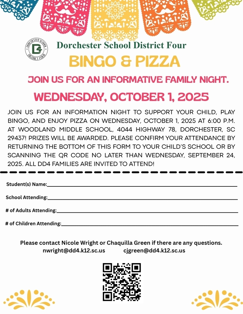 A colorful flyer with decorative papel picado designs at the top, promoting Dorchester School District Four Bingo & Pizza Family Night. The event is Wednesday, October 1, 2025, at 6:00 p.m. at Woodland Middle School. The flyer highlights free pizza, bingo, and prizes, and includes a registration form with spaces for student and family information. A QR code is displayed at the bottom for registration.