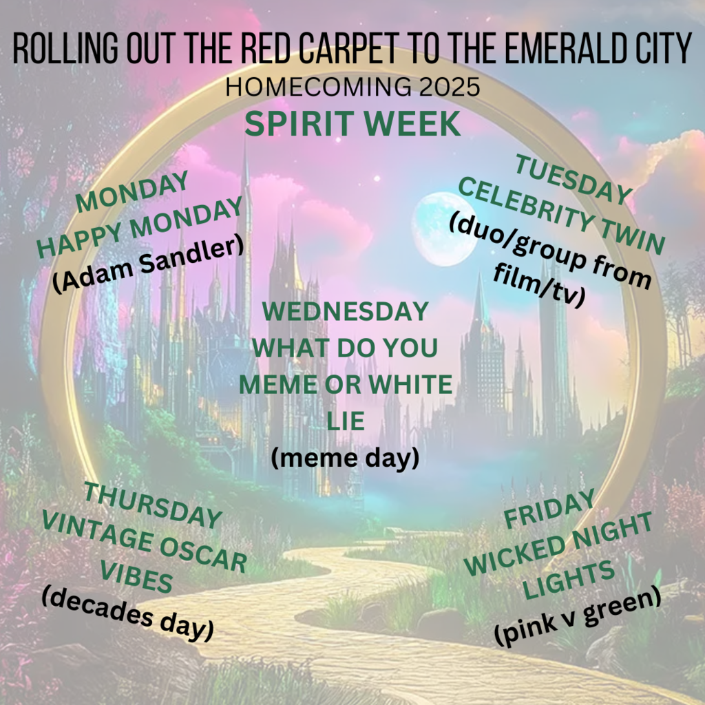 A poster with a glowing fantasy city in the background and a golden circular frame with the heading “Rolling Out the Red Carpet to the Emerald City – Homecoming 2025 Spirit Week.” Each day’s theme is listed:  Monday: Happy Monday (Adam Sandler)  Tuesday: Celebrity Twin (duo/group from film/TV)  Wednesday: What Do You Meme or White Lie (meme day)  Thursday: Vintage Oscar Vibes (decades day)  Friday: Wicked Night Lights (pink vs green).