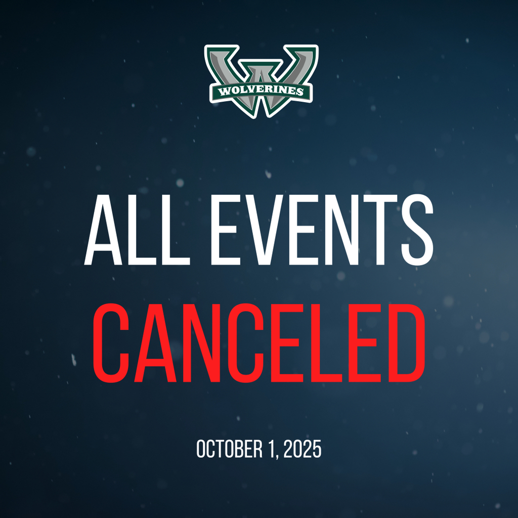 "Graphic with a dark blue background featuring the Woodland Wolverines logo at the top. Bold white text reads 'ALL EVENTS,' with the word 'CANCELED' in bright red capital letters below. At the bottom, smaller white text displays 'October 1, 2025.'"