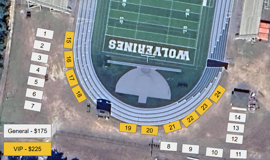 Alt text: A satellite map of Woodland High School’s football stadium with tailgating spaces marked. General spots (1–14) are shown in white boxes on both sides of the field, priced at $175. VIP spots (15–24) are shown in yellow boxes curving along the track near the field entrance, priced at $225. A key at the bottom left labels General as $175 and VIP as $225. The stadium field has “Wolverines” printed in large white letters in the end zone.