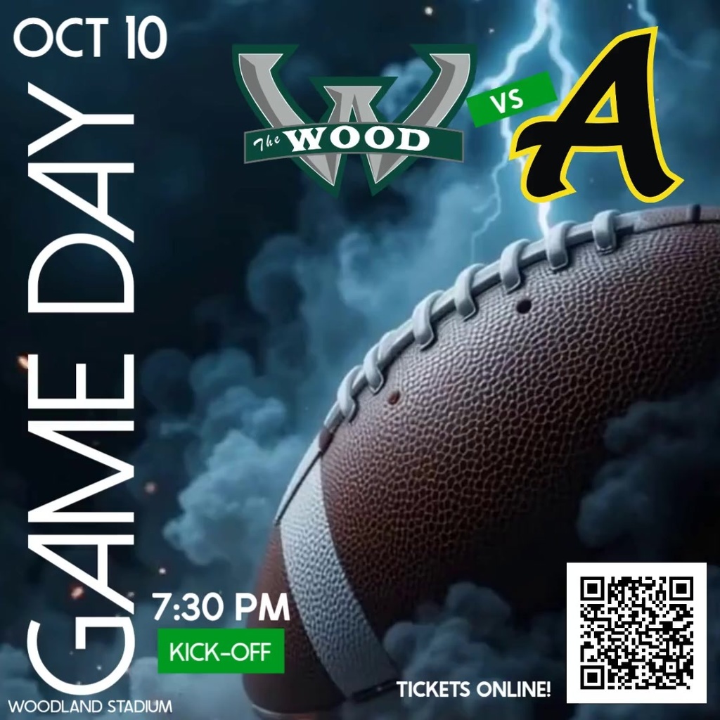 Homecoming game day graphic promoting Woodland High School vs. Andrews on October 10. The background features a close-up of a football surrounded by storm clouds and lightning. The Woodland “W” logo faces the Andrews “A” logo with “vs” between them. Text reads: “GAME DAY, Oct 10, 7:30 PM Kick-Off, Woodland Stadium.” The bottom right corner includes a QR code for online tickets.