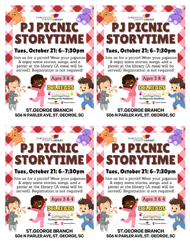 A print layout showing four identical “PJ Picnic Storytime” flyers arranged in a two-by-two grid. Each flyer promotes the Dorchester County Library’s event at the St. George Branch on Tuesday, October 21 from 6 to 7:30 p.m., featuring teddy bear graphics and children in pajamas on a picnic blanket background.