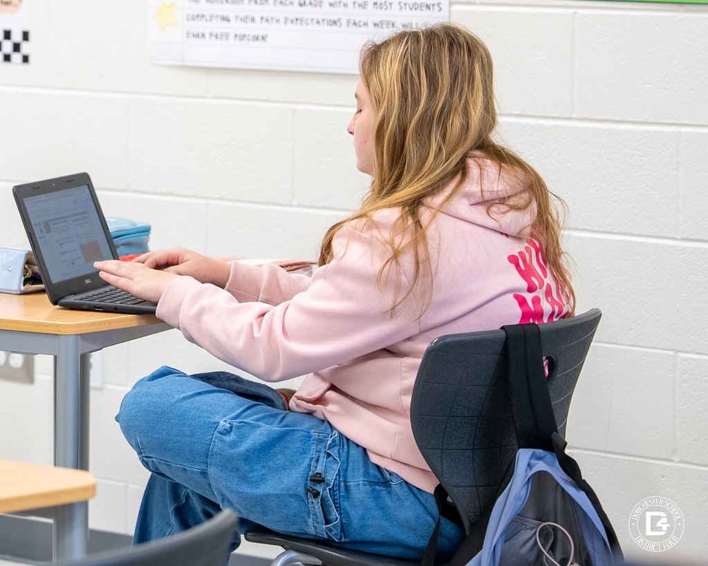 A middle school student wearing a pink hoodie works independently on a laptop at her desk in an English Language Arts classroom.