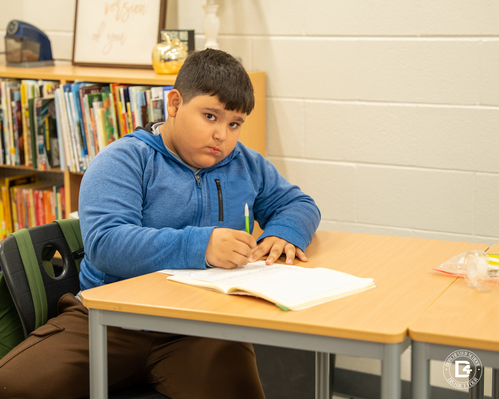 A student in a blue hoodie writes in his notebook while seated near a bookshelf filled with classroom books.