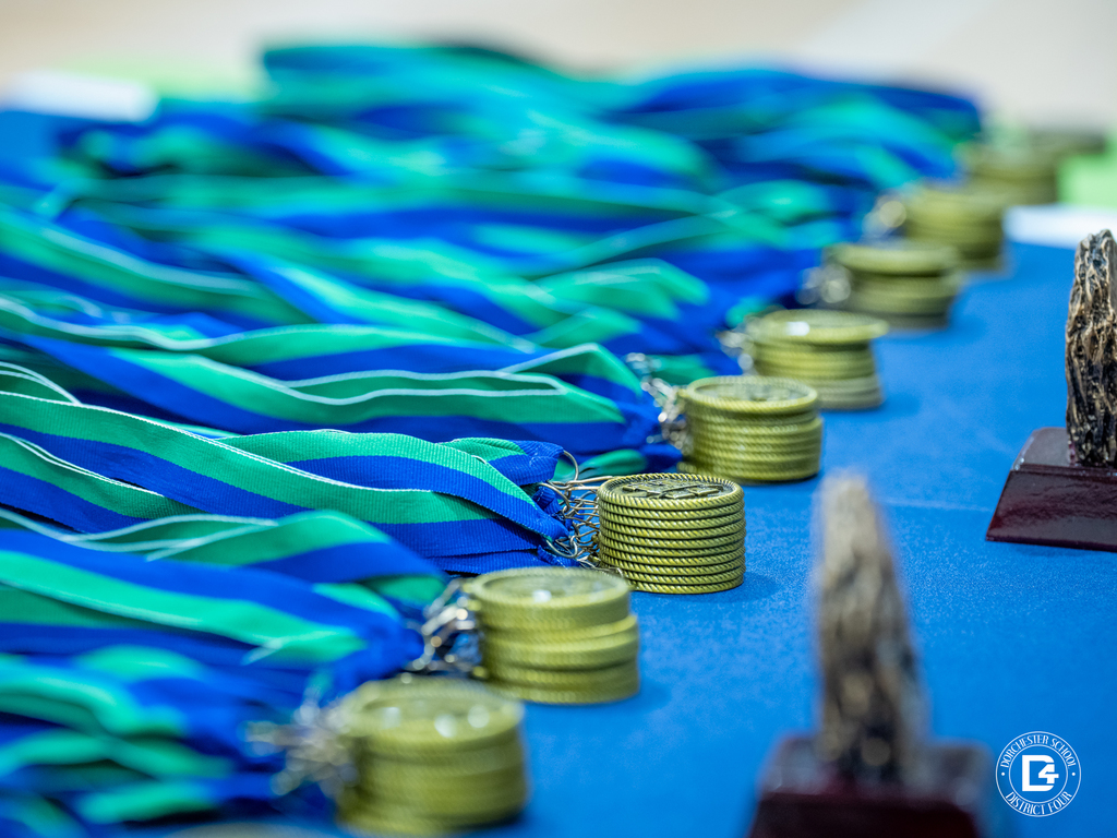 Gold medals with blue and green ribbons are displayed neatly on a blue tablecloth, ready to be awarded during Woodland Middle School’s Quarter 1 Awards Day.