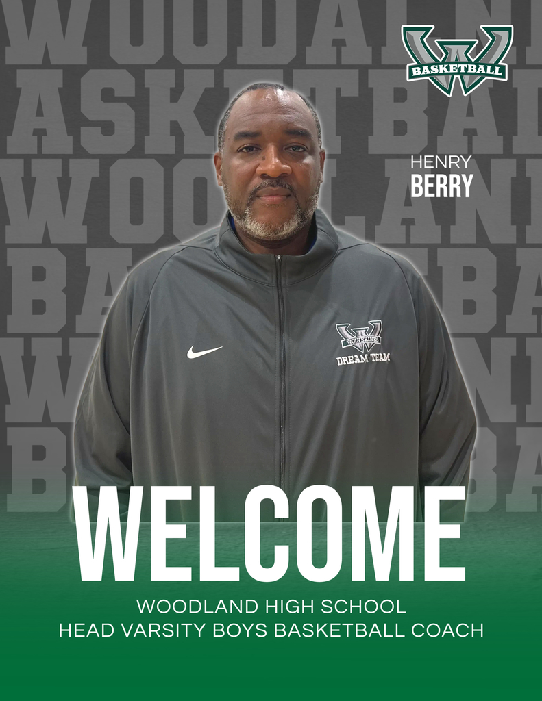A man wearing a gray Nike zip-up jacket with the Woodland “W Dream Team” logo stands in front of a gray background with the word “BASKETBALL” repeated in large block letters. The Woodland “W” basketball logo is in the upper right corner, and the text reads: “Henry Berry – Welcome, Woodland High School Head Varsity Boys Basketball Coach.”
