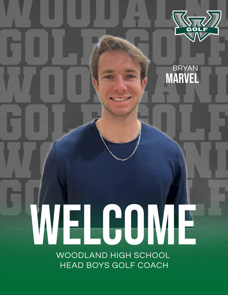 A smiling man with short brown hair wearing a dark blue shirt and silver chain stands in front of a gray background with the word “GOLF” repeated in large block letters. The Woodland “W” golf logo is in the upper right corner, and the text reads: “Bryan Marvell – Welcome, Woodland High School Head Boys Golf Coach.”