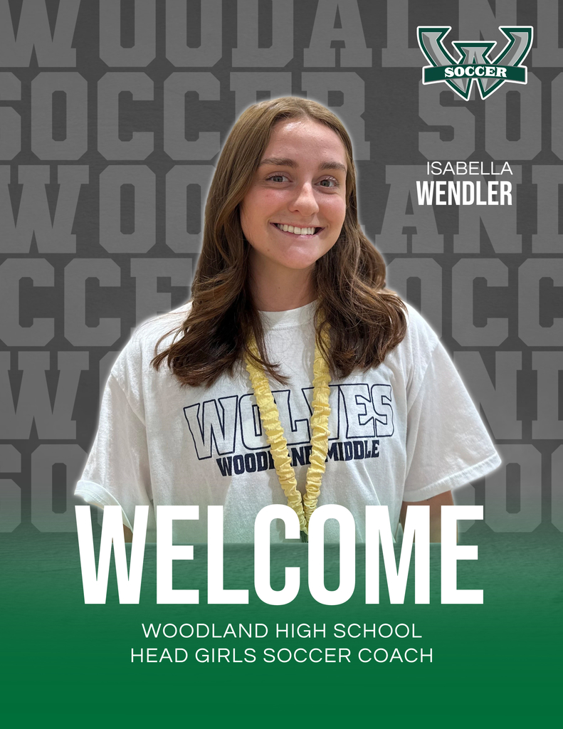 A smiling woman with long brown hair wearing a white “Wolves Woodland Middle” T-shirt stands in front of a gray background with the word “SOCCER” repeated in large block letters. The Woodland “W” soccer logo appears in the upper right corner, and the text reads: “Isabella Wendler – Welcome, Woodland High School Head Girls Soccer Coach.”