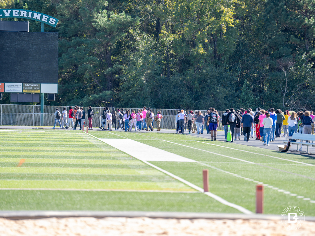 A wide view of Woodland High School’s football field shows a large group of students walking around the track, many wearing pink, during the Breast Cancer Awareness Walk.
