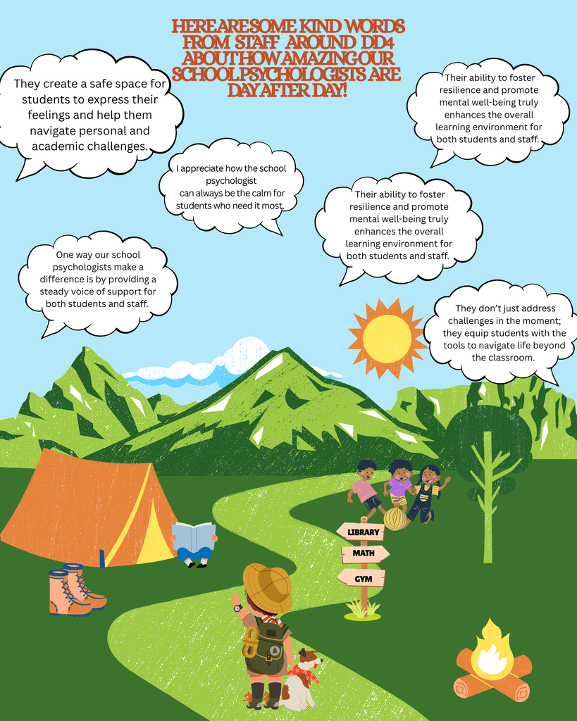 A colorful illustrated poster celebrating Dorchester School District Four’s school psychologists. The design features a bright outdoor camping scene with green hills, a tent, hiking boots, a campfire, trees, and a sunny sky. A small hiker with a backpack and a dog walks toward a path where three children play near a wooden sign pointing to the library, math, and gym. Speech bubbles around the image contain staff quotes praising school psychologists for creating safe spaces for students, providing calm and support, fostering resilience, promoting mental well-being, and equipping students with lifelong tools. The title at the top reads, “Here are some kind words from staff around DD4 about how amazing our school psychologists are day after day!” in red-orange text.