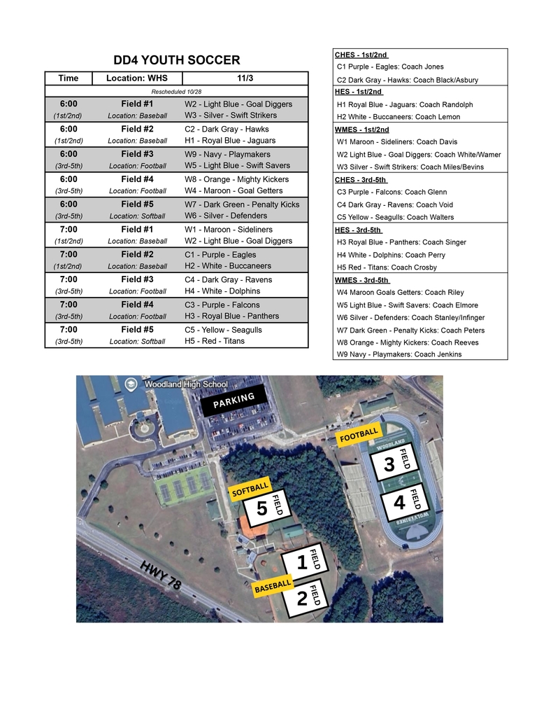 Schedule and field map for DD4 Youth Soccer games on Monday, November 3, at Woodland High School. Includes game times for each field (Baseball, Football, and Softball), with team matchups listed by grade level. Aerial map highlights parking and fields 1 through 5 across the WHS campus.