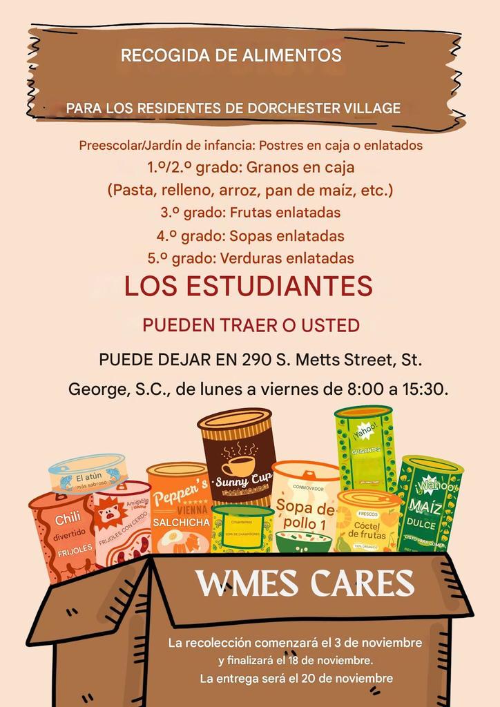 Dos folletos bilingües que promueven campañas comunitarias de WMES. El primero anuncia una campaña de alimentos para los residentes de Dorchester Village, con artículos específicos por grado escolar como granos en caja, frutas, sopas y verduras enlatadas, además de los detalles para dejar las donaciones y las fechas de recolección (del 3 al 18 de noviembre). El segundo folleto promueve una campaña de juguetes en conjunto con la escuela Rosenwald, invitando a donar juguetes nuevos y sin envolver para niños de 0 a 13 años. Incluye los lugares de entrega, horarios y fechas de recolección (del 6 de noviembre al 10 de diciembre).