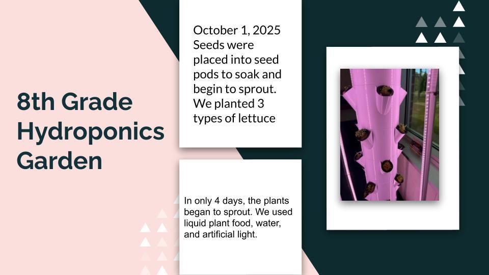 A presentation slide titled “8th Grade Hydroponics Garden” includes text describing the project timeline and two photos of the hydroponic tower. The tower glows with purple light and holds multiple small seedlings in growth pods.