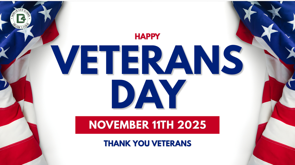 An American flag drapes across the top of the image with a dark blue textured background below. Centered white text reads “Thank You Veterans – 11 November 2024,” surrounded by three stars. The Dorchester School District Four logo appears in the upper right corner.