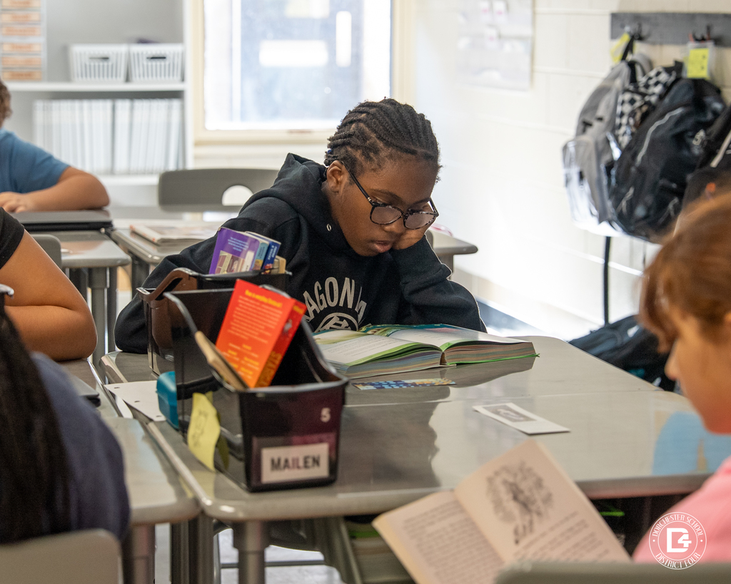 A student wearing glasses and a black sweatshirt reads a green book at her desk beside her classmates.
