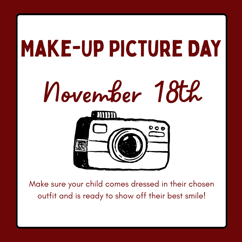 Make-Up Picture Day flyer showing date November 18th with a camera illustration.