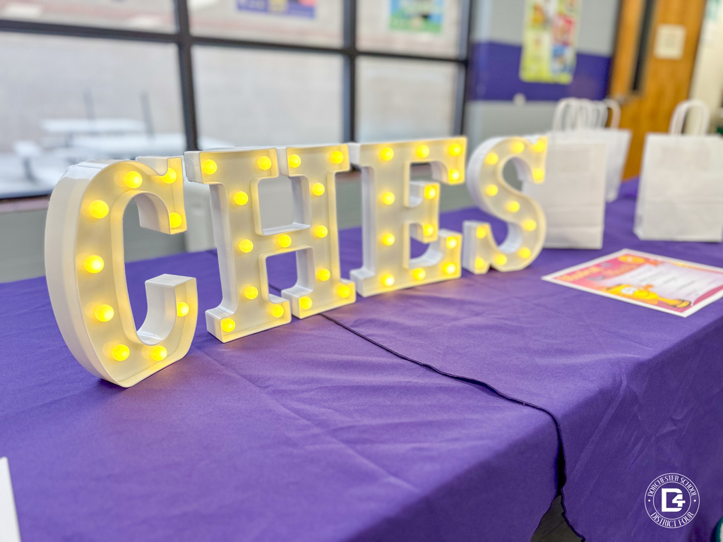 Large white marquee-style letters spelling “CHES” with yellow lights sit on a purple tablecloth, with white gift bags and certificates in the background.