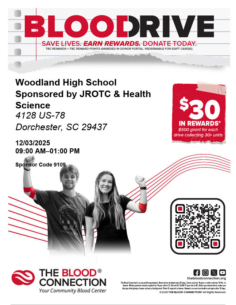 A promotional flyer for a Woodland High School blood drive sponsored by JROTC and Health Science. The flyer shows the words Blood Drive at the top, information about the event location and time, a red badge offering $30 in rewards, two smiling students wearing red donation bands, and a QR code for sign ups. The Blood Connection logo is at the bottom.