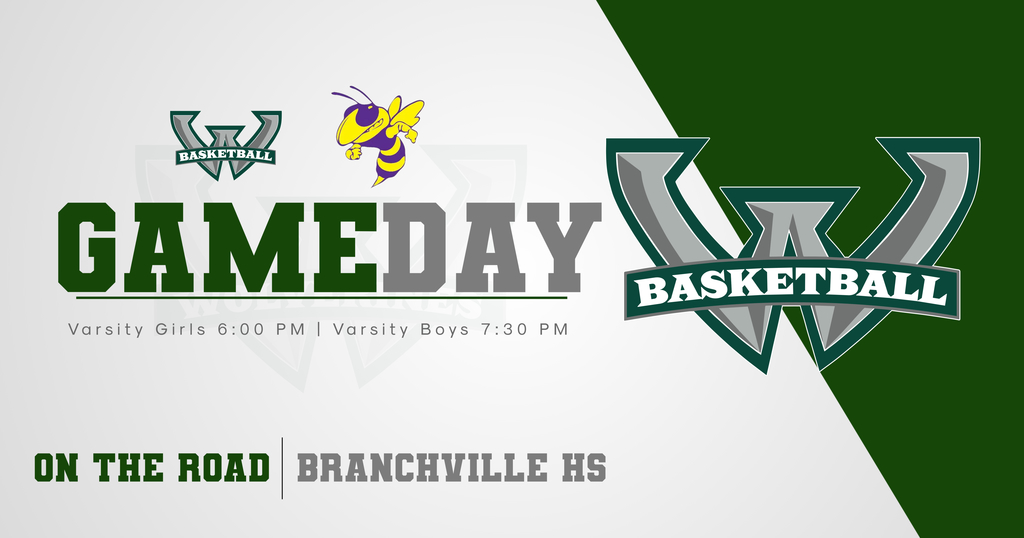 Graphic announcing a basketball gameday matchup between the Woodland Wolverines and Branchville High School. The center features the bold words Gameday in green and gray with the Wolverines basketball logo on the left, a Branchville yellow jacket mascot above, and a large Wolverines basketball logo on the right. Text below lists Varsity Girls at 6:00 PM and Varsity Boys at 7:30 PM. The bottom reads On the Road Branchville HS. The background uses diagonal white and green sections for contrast.