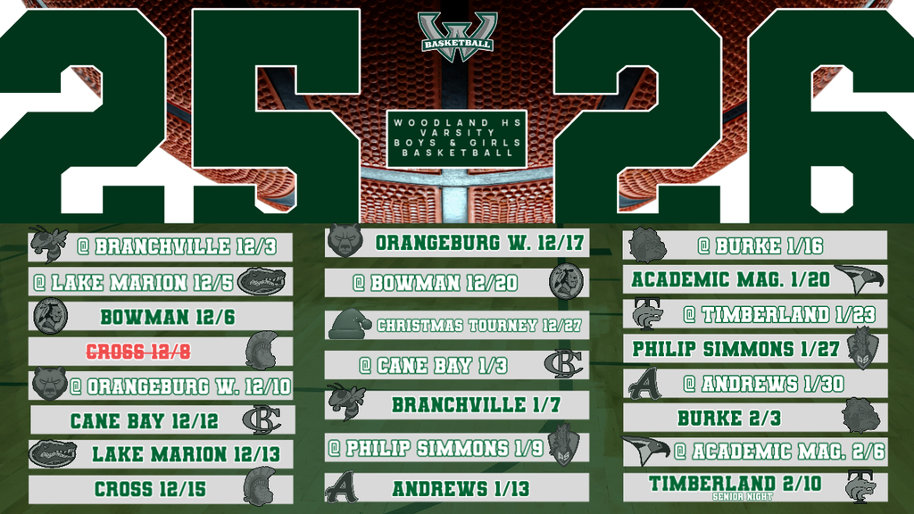 A Woodland High School Varsity Boys and Girls Basketball schedule graphic for the 2025–2026 season. The top shows large white numbers 25 and 26 with a basketball texture behind them and the Woodland Wolverines basketball logo in the center. Below, three columns list game dates and opponents from December through February. Each matchup includes the opposing team’s logo, with home and away games noted by the “@” symbol. The right column highlights the final game on February 10 labeled as Senior Night. The background features a faint green basketball court design.