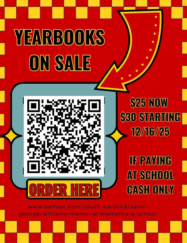 A red and yellow checkerboard flyer advertising yearbooks for sale, featuring a large QR code in the center with a button labeled “Order Here.” Text highlights the price increase from $25 to $30 starting 12/16/25 and notes that school payments must be cash only.
