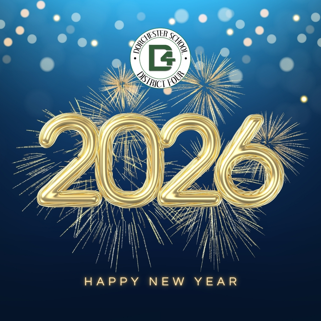 blue background with fireworks popping behind a gold 2026. At the bottom in gold "Happy new year". District logo above the 2026