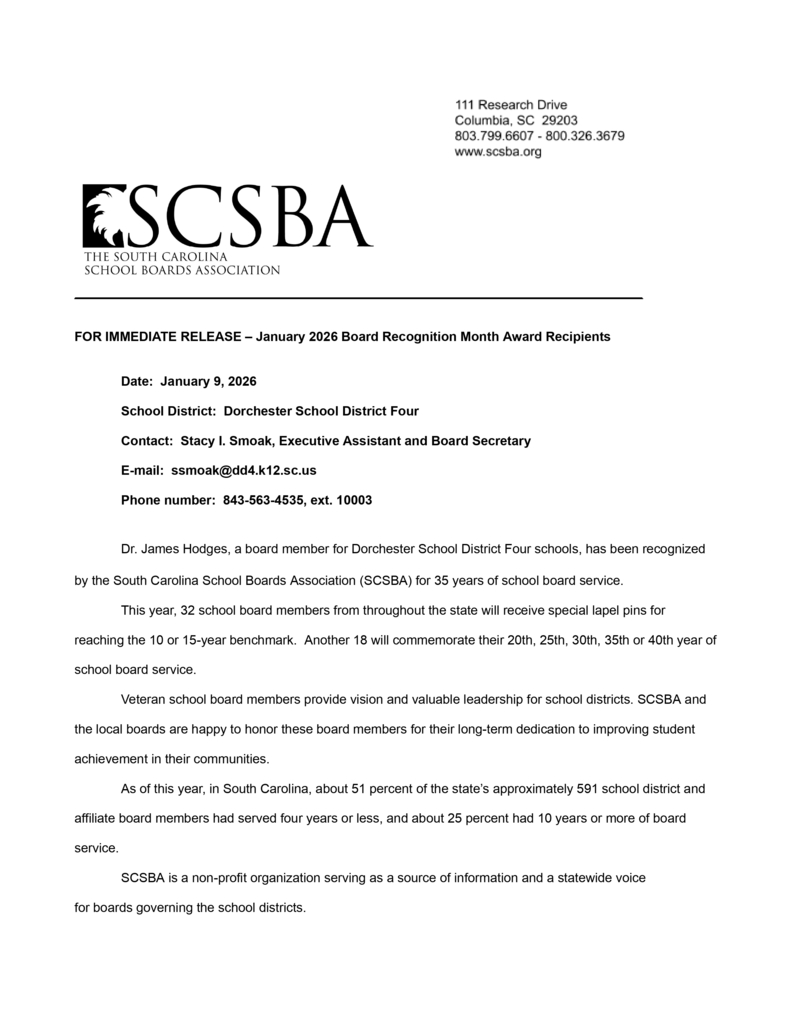 Press release document from the South Carolina School Boards Association announcing January 2026 Board Recognition Month award recipients, recognizing Dr. James Hodges of Dorchester School District Four for 35 years of school board service, with contact information, date, and organizational details displayed.