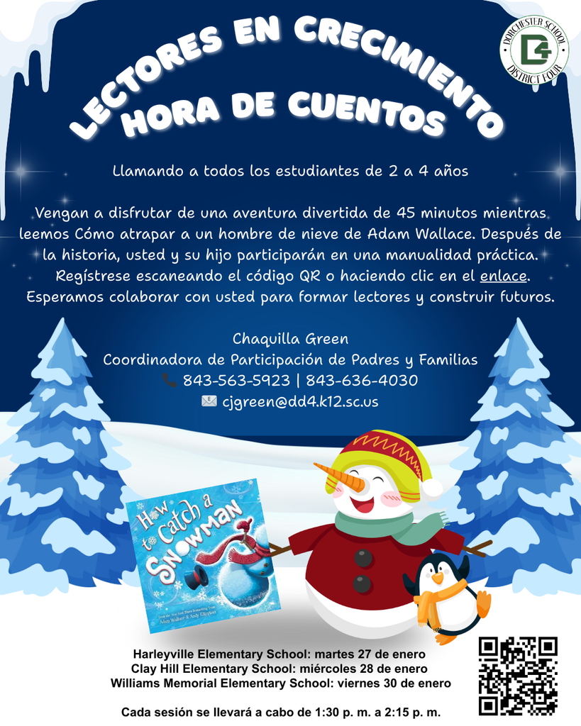 Volante de “Hora del Cuento: Creciendo Lectores” para niños de 2 a 4 años, con tema de muñeco de nieve, lectura de Cómo atrapar un muñeco de nieve, fechas a finales de enero y un código QR para registrarse.