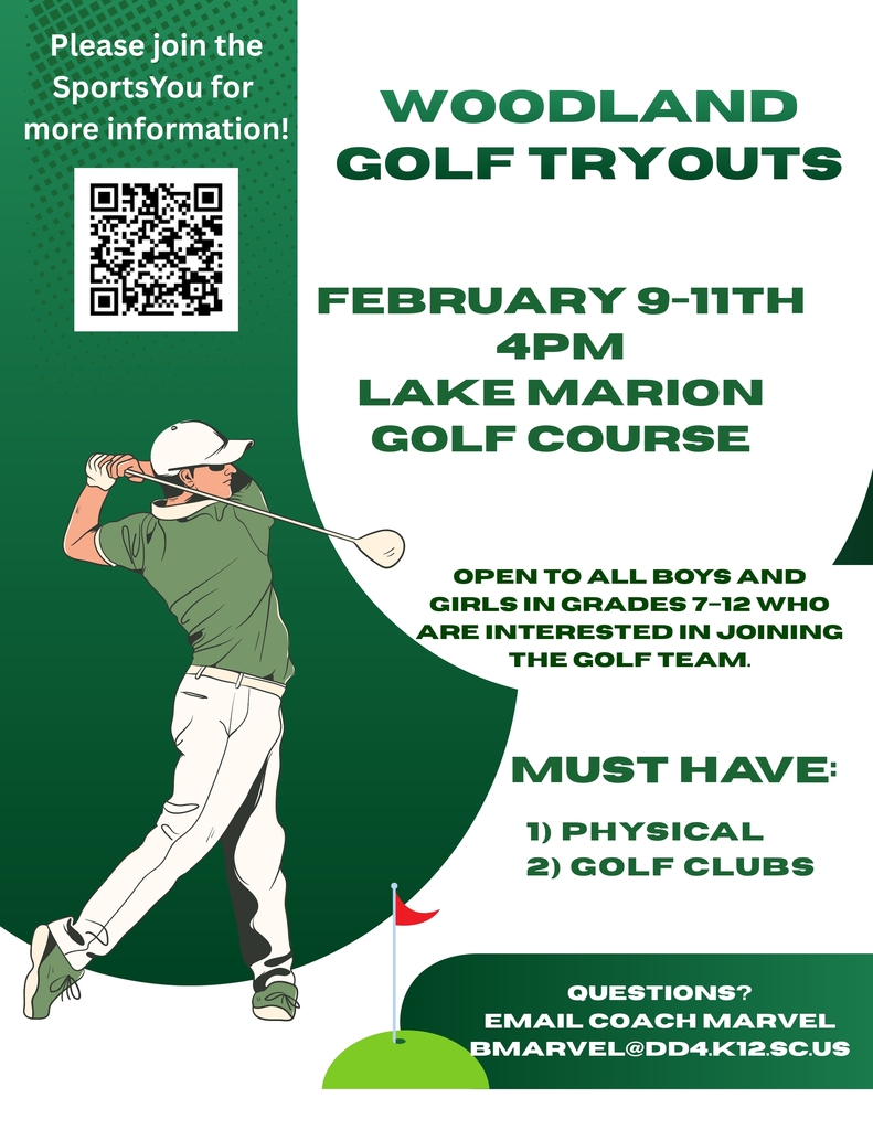 Flyer announcing golf tryouts on February 9–11 at 4:00 p.m. at Lake Marion Golf Course, open to boys and girls in grades 7–12, listing required items including a physical and golf clubs, with contact information for Coach Marvel and a note to join SportsYou for updates.