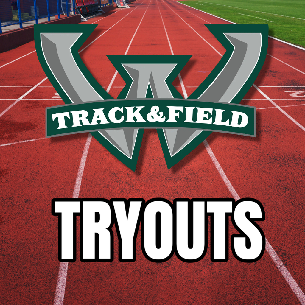 Graphic featuring a large green and silver “W” logo with the words “Track & Field” across it, set over a red running track. The word “TRYOUTS” appears in bold white letters with a black outline at the bottom of the image.