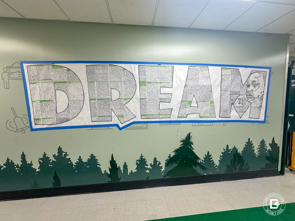 Large mural spelling the word “DREAM” in bold letters filled with handwritten text. A detailed portrait of Dr. Martin Luther King Jr. appears inside the final letter.