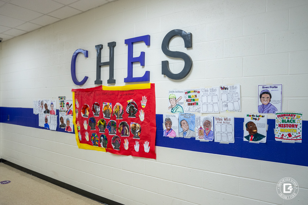 A wide view of the school hallway shows large “CHES” letters above a central Black History Month bulletin board, with additional student portraits and worksheets displayed along both sides of the wall.