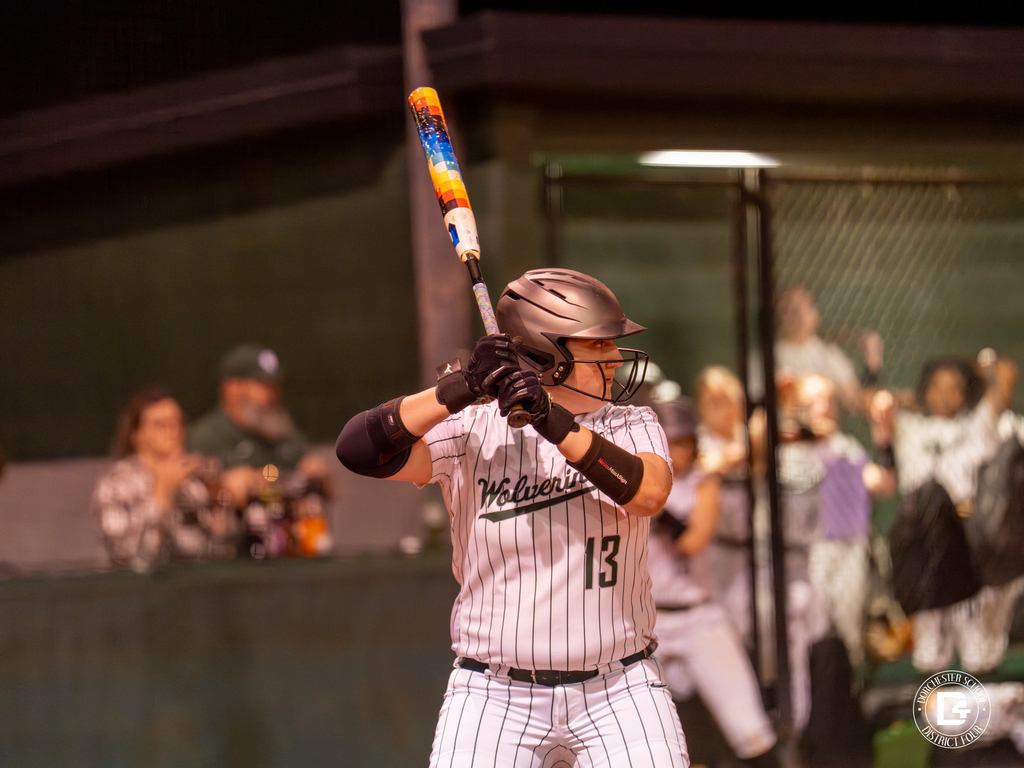 A Woodland softball batter wearing number 13 waits for the pitch while teammates cheer from the dugout behind her.