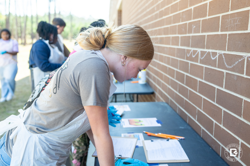 Students stand along outdoor tables completing fossil activity worksheets and preparing for the Dino Dig Day science experiment at Woodland Middle School.