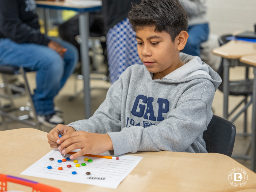Student sits at a classroom desk sorting colorful M&M’s on a worksheet as part of a probability math activity at Harleyville Elementary School.