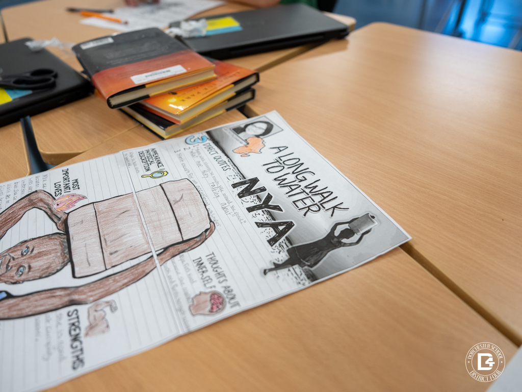 Character analysis worksheet featuring Nya from A Long Walk to Water, with drawings and written notes about her personality, challenges, and beliefs.