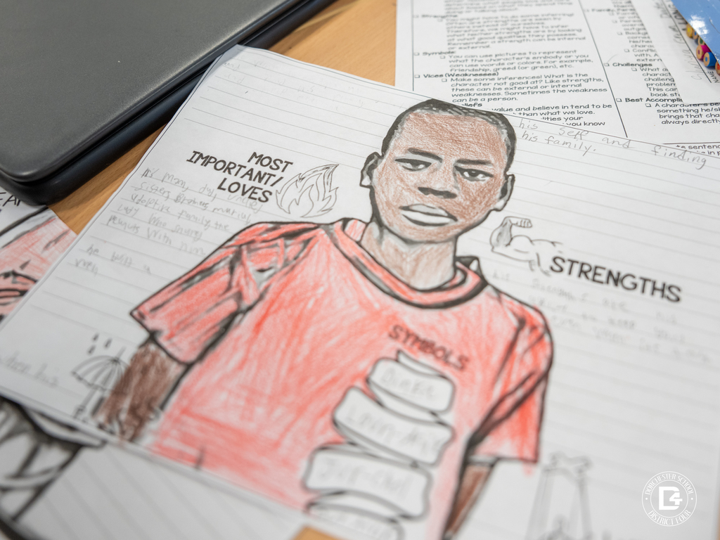 Close-up of a student’s completed character analysis illustration of Salva from A Long Walk to Water, showing labeled sections about strengths, values, and important traits.