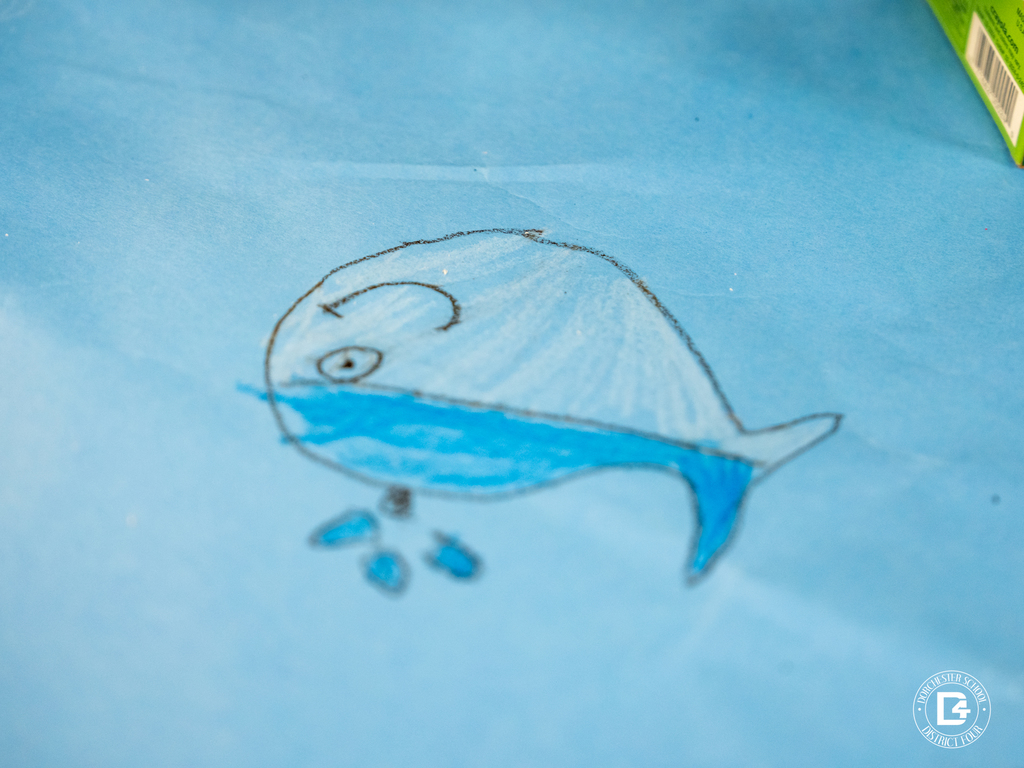 Close-up of a student drawing a whale with blue crayon on paper.