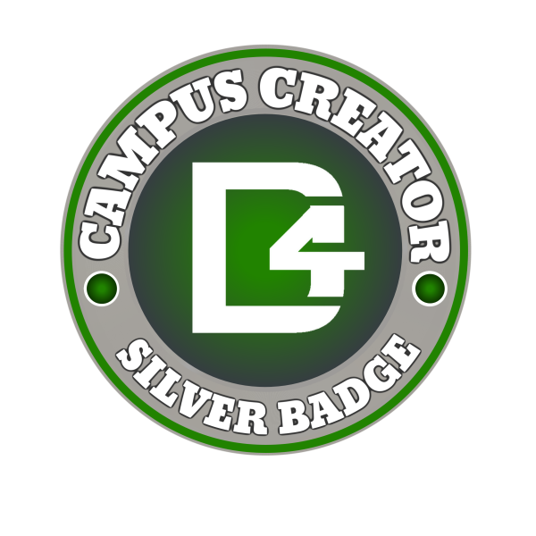 Circular DD4 Campus Creator Silver Badge featuring a green and silver design with a bold “D4” in the center and the words “Campus Creator Silver Badge” around the outer ring.