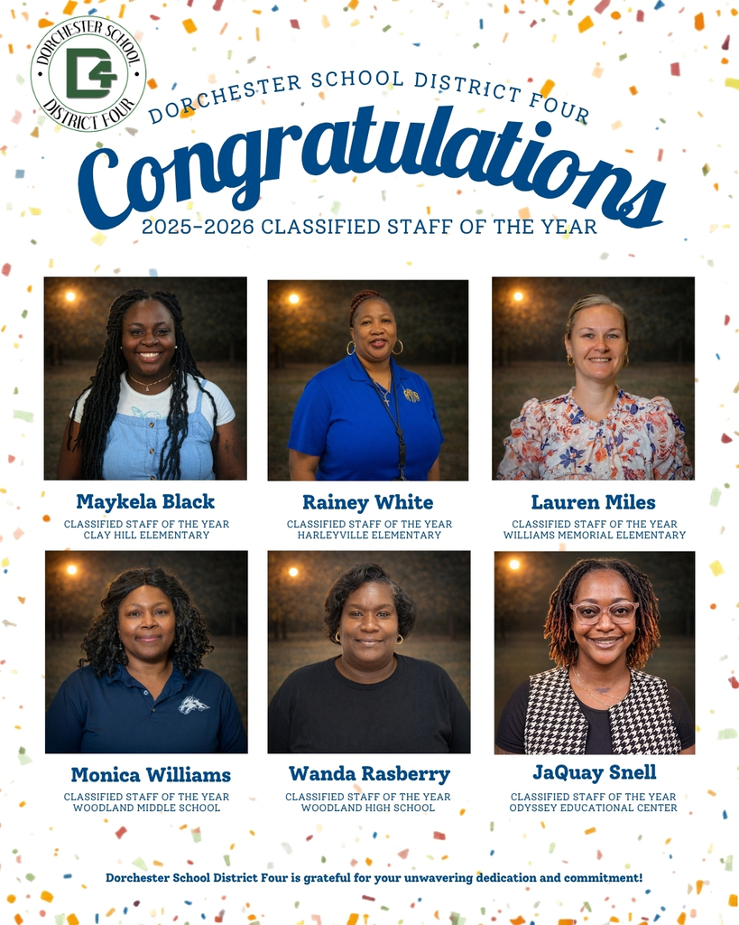 Graphic with confetti background and Dorchester School District Four logo celebrating 2025–2026 Classified Staff of the Year. Six staff members are pictured in individual portraits: Maykela Black (Clay Hill Elementary), Rainey White (Harleyville Elementary), Lauren Miles (Williams Memorial Elementary), Monica Williams (Woodland Middle School), Wanda Rasberry (Woodland High School), and JaQuay Snell (Odyssey Educational Center). Text at the bottom expresses gratitude for their dedication and commitment.