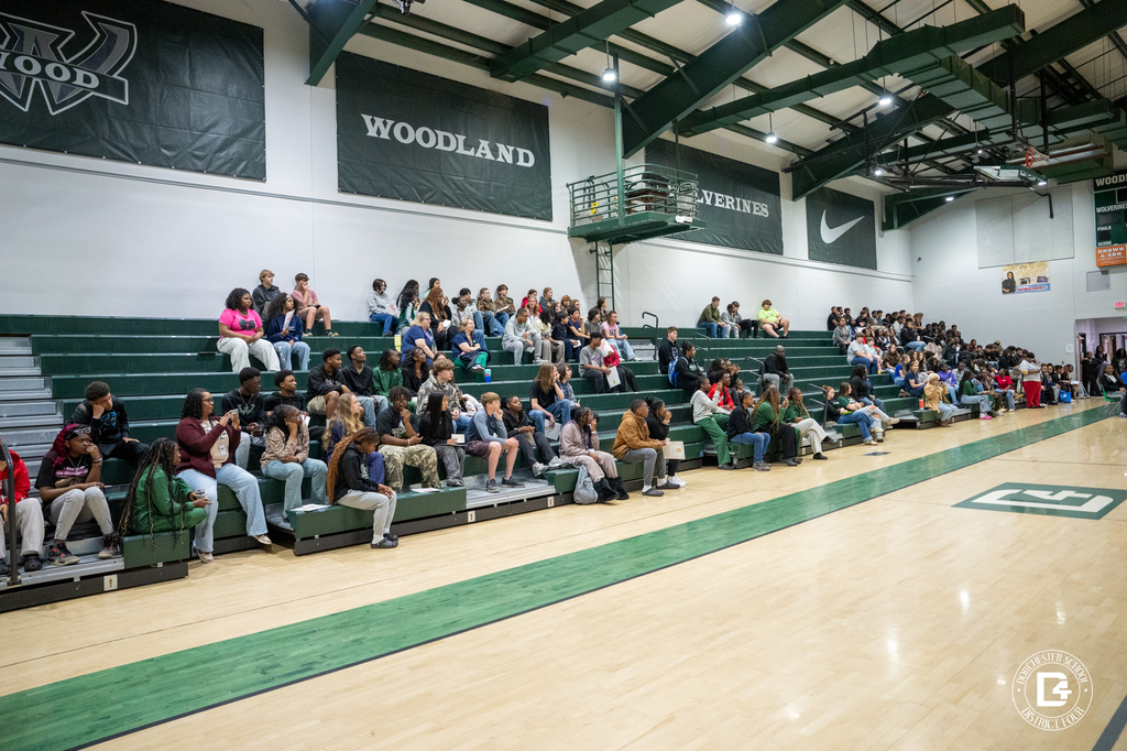 8th grade students from WMS fill the bleachers inside the Woodland High School gymnasium during the 8th Grade Preview Day event.