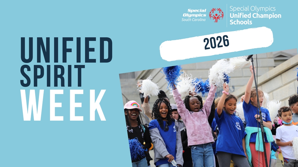 Graphic titled “Unified Spirit Week 2026” with Special Olympics South Carolina Unified Champion Schools logos. A group of elementary-aged students cheer and smile while holding blue and white pom-poms outdoors. Background is light blue with bold navy and white text.