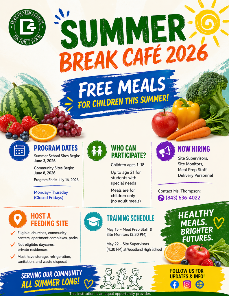 Colorful promotional flyer for Dorchester School District Four's Summer Break Café 2026. Heading reads "Free Meals for Children This Summer." Program dates: Summer School Sites begin June 3, 2026; Community Sites begin June 8, 2026; program ends July 16, 2026. Meals served Monday–Thursday, closed Fridays. Children ages 1–18 may participate; up to age 21 for students with special needs; no adult meals. Now hiring Site Supervisors, Site Monitors, Meal Prep Staff, and Delivery Personnel — contact Ms. Thompson at (843) 636-4022. To host a feeding site, eligible locations include churches, community centers, apartment complexes, and parks; daycares and private residences are not eligible; sites must have storage, refrigeration, sanitation, and waste disposal. Training schedule: May 15 — Meal Prep Staff & Site Monitors at 3:30 PM; May 22 — Site Supervisors at 4:30 PM, both at Woodland High School. Footer reads "Serving Our Community All Summer Long." Disclaimer: This institution is an equal opportunity provider.
