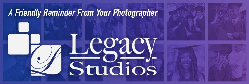 A purple-toned banner featuring the Legacy Studios logo on the left — consisting of two abstract square icons alongside a circular swirl emblem — next to the company name in large white serif text. The banner headline reads "A Friendly Reminder From Your Photographer" in bold italic white text. The background features a collage of graduation photos showing students in caps and gowns, all overlaid with a deep purple tint.