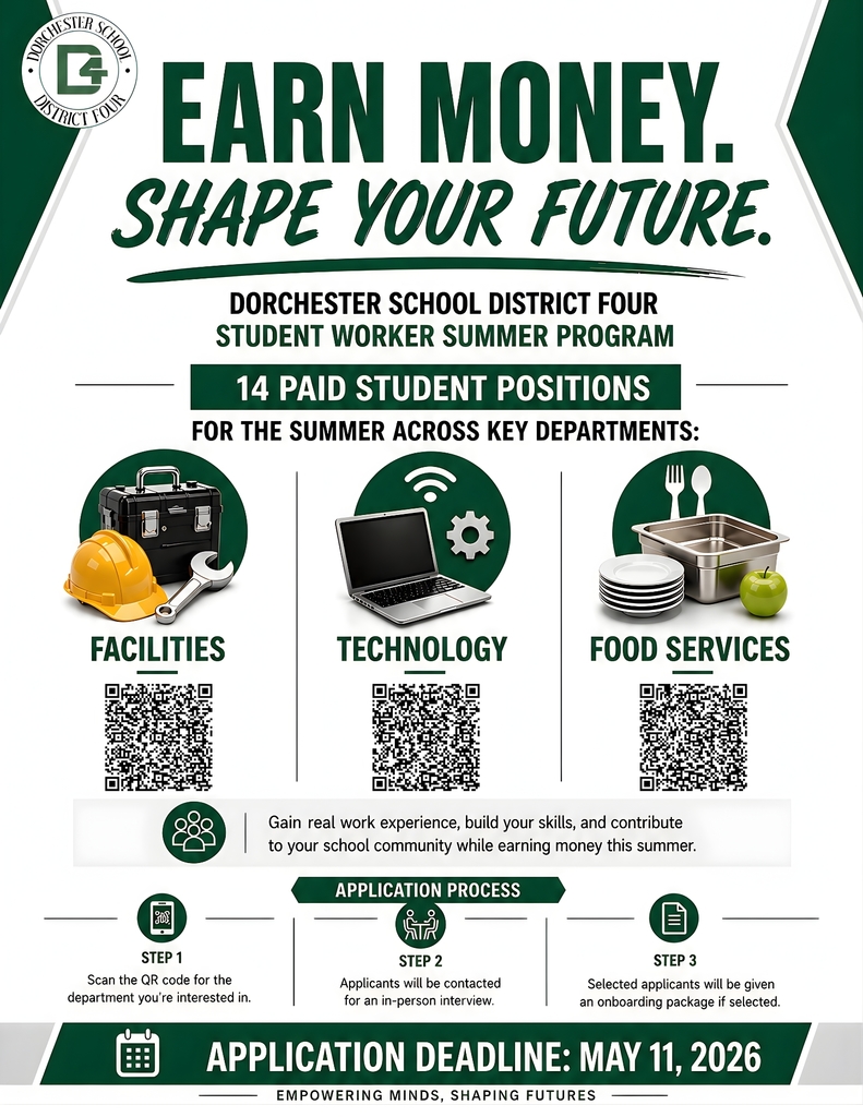 Green and white promotional graphic for Dorchester School District Four’s Student Worker Summer Program. Large headline reads “Earn Money. Shape Your Future.” The flyer advertises 14 paid student positions across Facilities, Technology, and Food Services. Each department section includes a related image and QR code. Facilities features a hard hat and toolbox, Technology features a laptop and gear icon, and Food Services features cafeteria trays and plates. The bottom section explains the three-step application process and lists the application deadline as May 11, 2026.