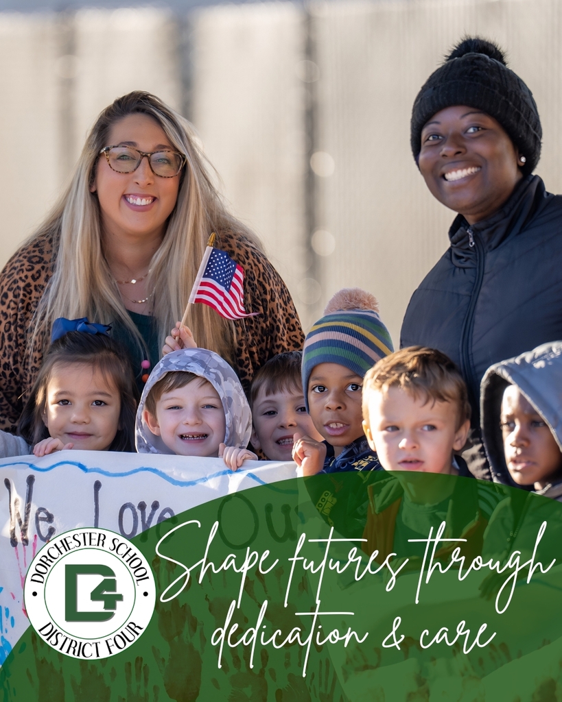 Two smiling educators stand with a group of young students holding a colorful banner during an outdoor school event. The graphic includes the Dorchester School District Four logo and the phrase “Shape futures through dedication & care.”